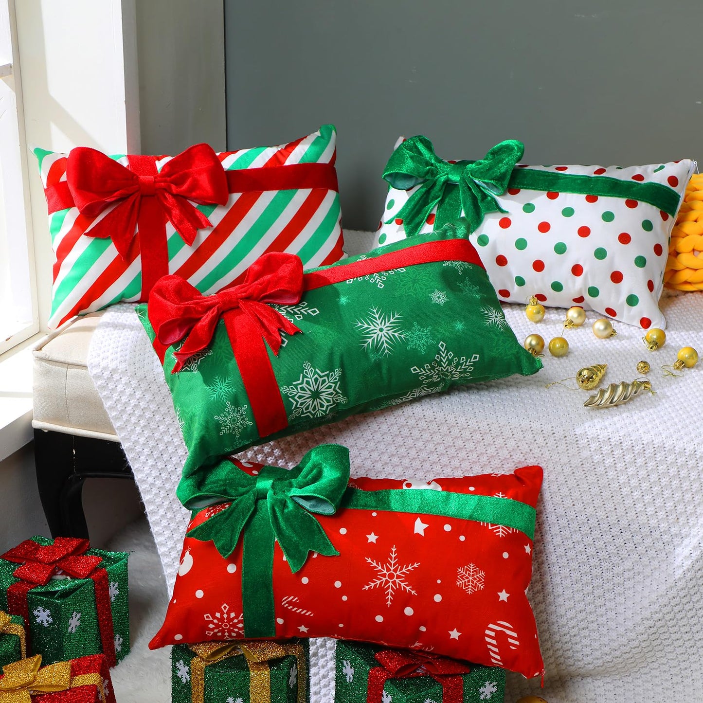 Kingdder Christmas Pillow Covers 12 x 20 Inch Set of 4 Farmhouse Xmas Throw Pillow Cases Gift Box Style Red Green White Snowflake Bow Decoration for Couch Holiday Sofa Cushion Decor