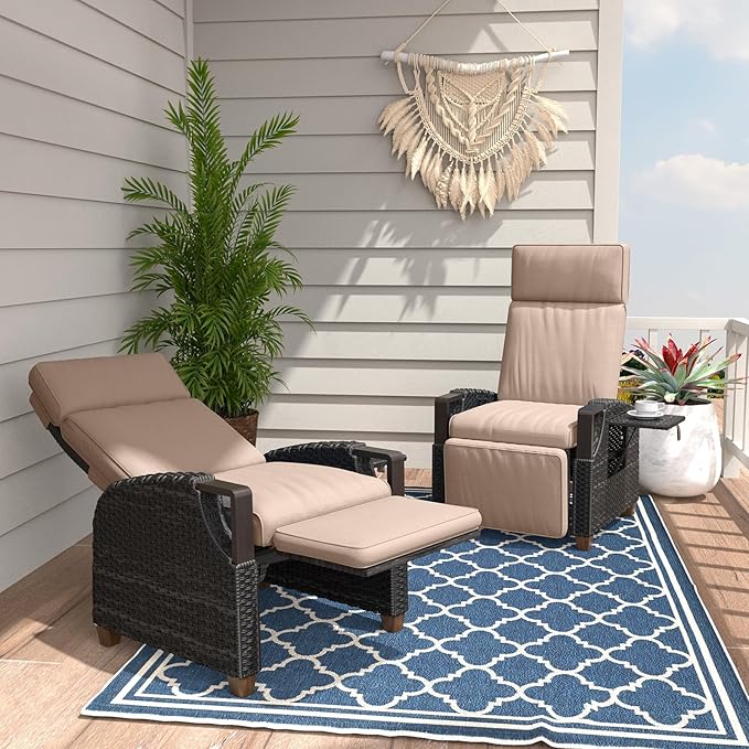 Grand patio Outdoor Recliner Air Pump 150° Lay Flat Reclining Chair with Independent Adjustable Back and Footrest Removable Olefin Cushion Flip-Up Table Wicker Beige 2PCS