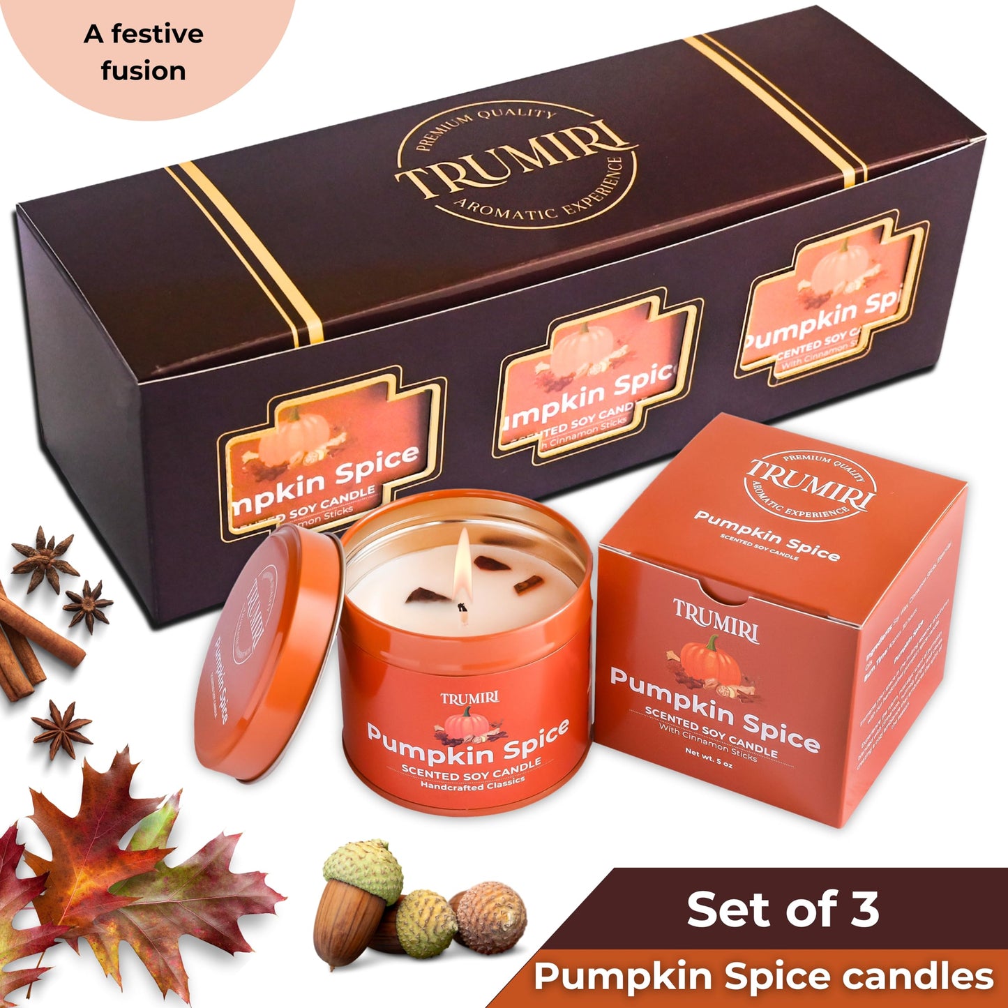 Pumpkin Spice - Cinnamon Soy Candles for Home Scented - for Fall Halloween Thanksgiving Holidays - Pack of 3 x 5oz Natural Clean Non Toxic Long Lasting Highly Scented Candels with Essential Oils