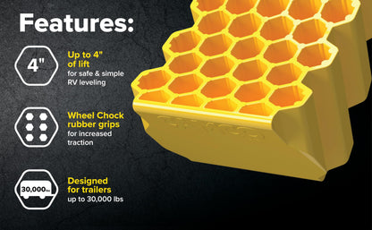 Camco Curved Camper/RV Leveler & Wheel Chock - Features Heavy Duty Honeycomb Design & Includes Non-Slip Rubber Grippers on Wheel Chock - Compatible w/Trailers Up to 30,000 lbs - 1-Pack (44423)
