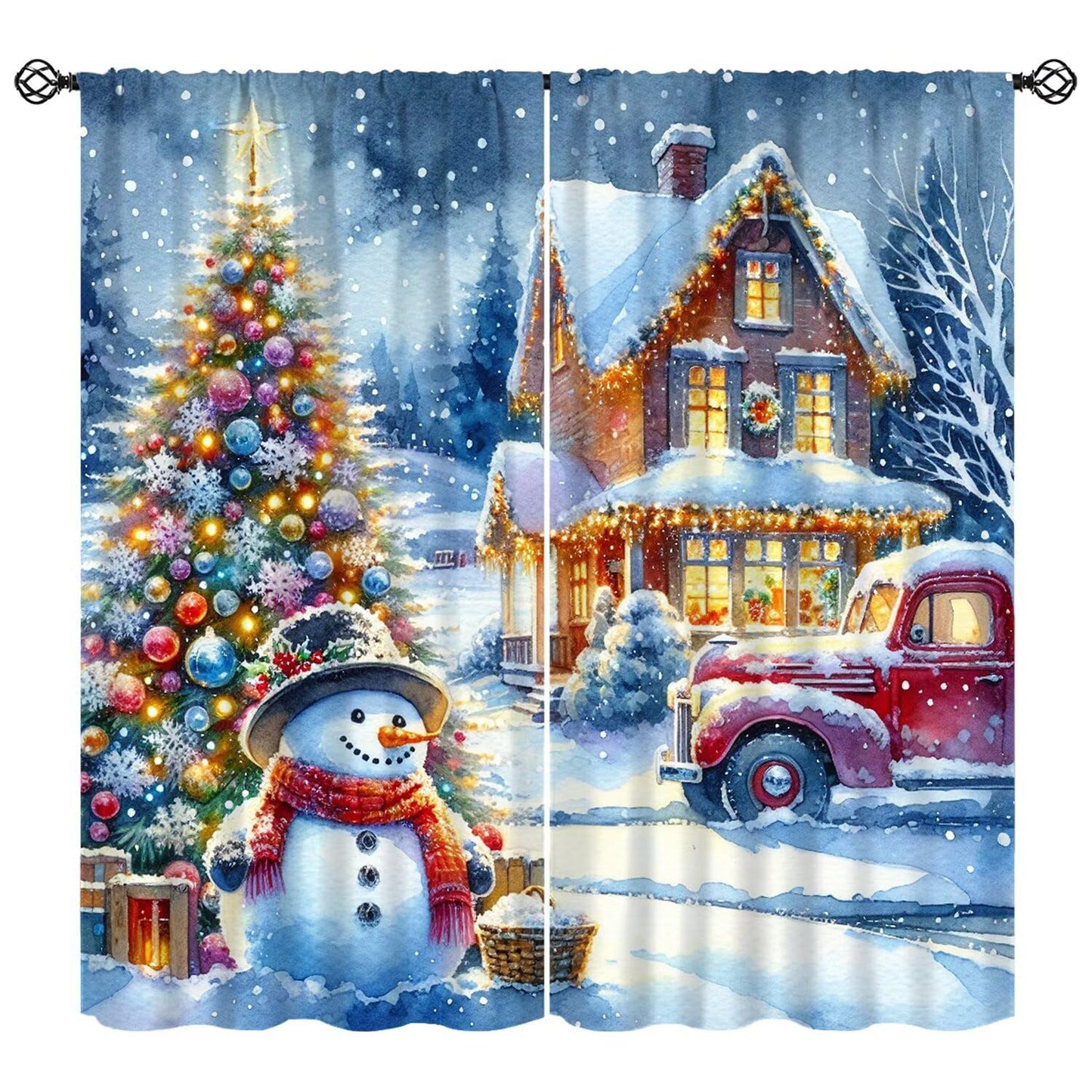 Merry Christmas Curtain Red Truck Xmas Tree Snowman Winter Cabin Holiday Window Treatment for Living Room Bedroom Kitchen Cafe Study Dinin Merry Christmas Decor Window Drapes 42"W X 45"L