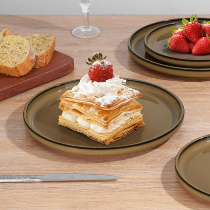 E-far Stoneware Dinnerware Sets for 6, 18 Pieces Reactive Glaze Plates and Bowls Sets, Elegant Dishes with Rustic Terracotta Clay Base, Dishwasher & Microwave Safe, Scratch Resistant, Deep Camel