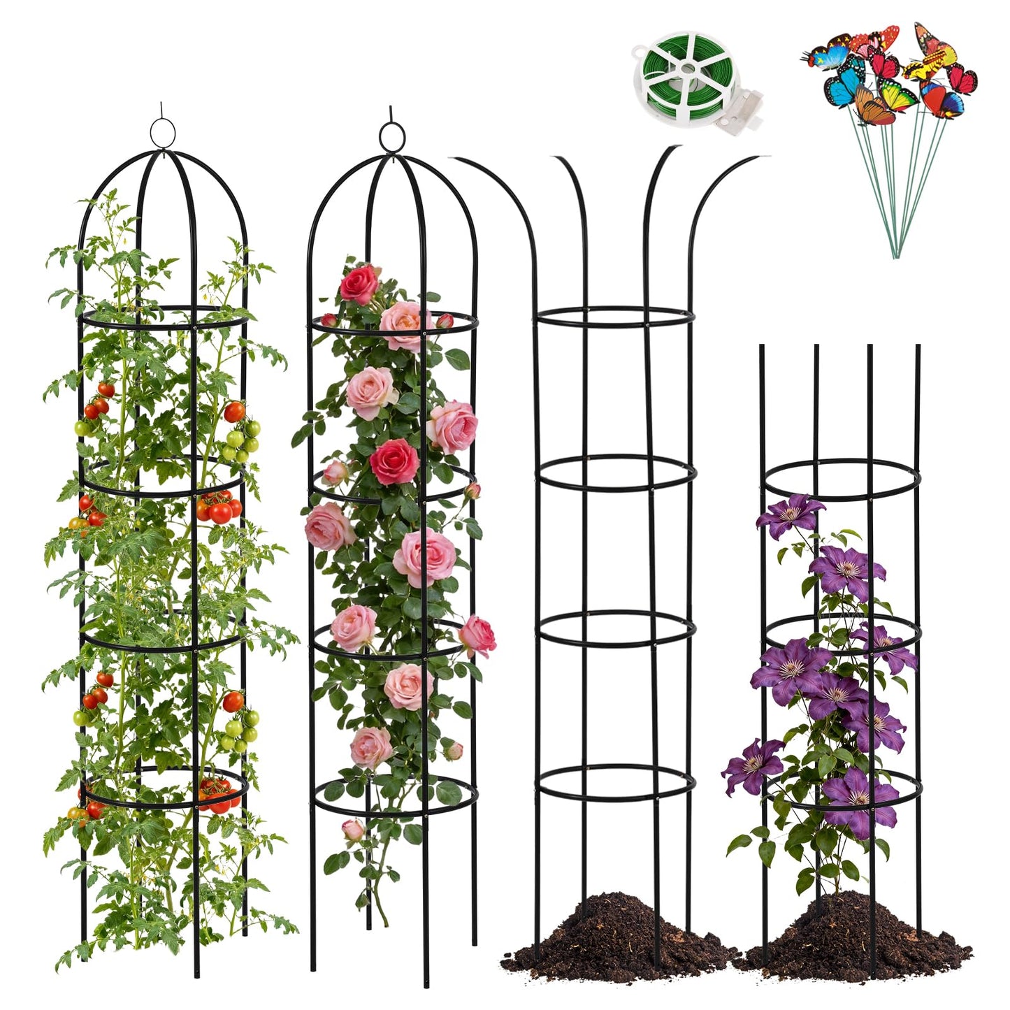 100% Metal 6.6 Ft Tower Obelisk Garden Trellis,2 Pack Plant Support for Climbing Plants Rose Bush Round Trellis for Pots Rustproof Metal Plant Flower Trellises for Clematis Vine Jasmine Outdoor Indoor