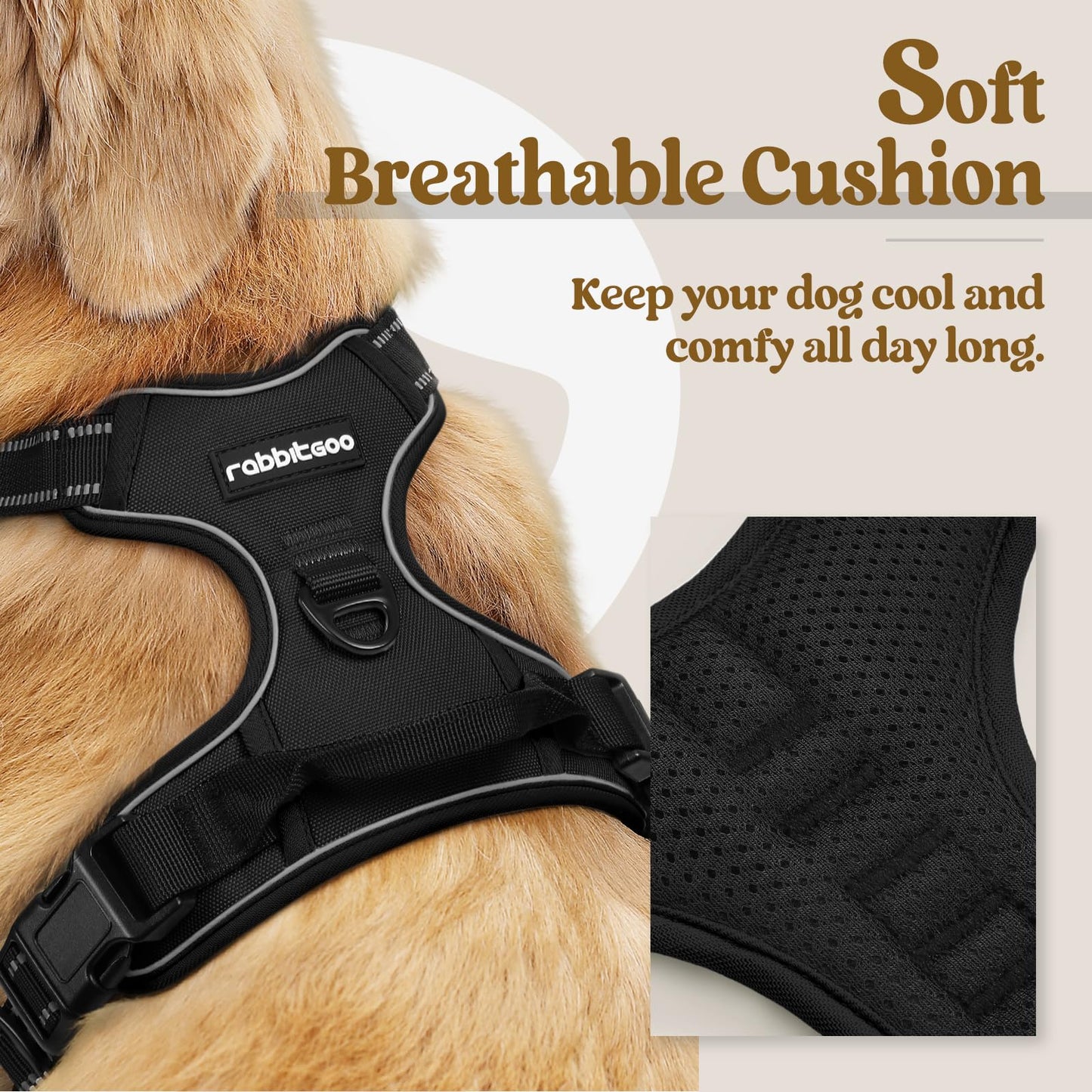 rabbitgoo Dog Harness No Pull with 2 Leash Clips, Adjustable Soft Padded, Reflective Oxford No Choke Pet Vest with Easy Control Handle for Medium Sized Dogs, Black, M