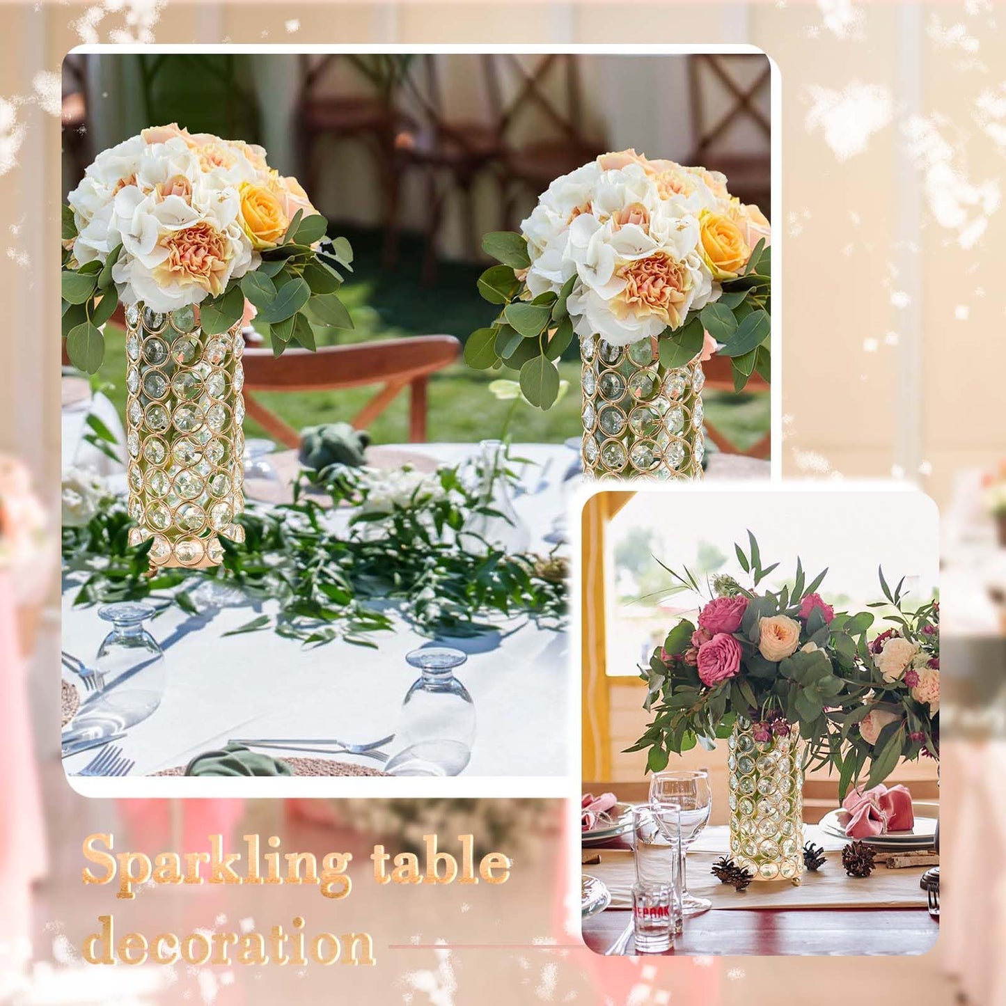 Elegant Crystal Column Vase/Pillar Candle Holder Set, Cylinder Flower Display Tabletop Centerpiece for Weddings & Home Decor (2, Gold)