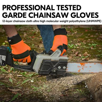 Vgo... Chainsaw Gloves 12-Layer Protection on Both Hands, Safety Goat Leather Foresty Work Gloves with Touchscreen(M,Orange,1 pair)