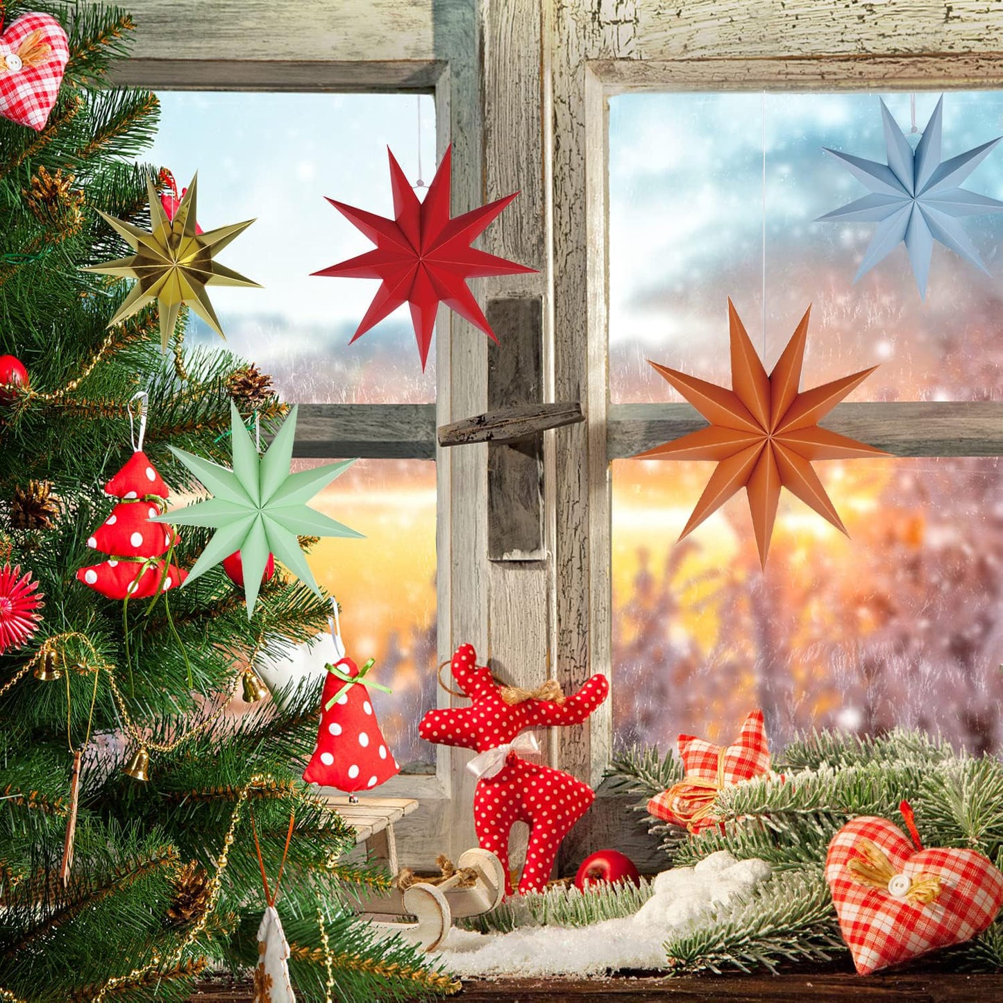 5Pack 9-Pointed Paper Star Lantern 11.8 inch Hanging Paper Lampshade for Winter Wonderland Xmas Day Decoration Wedding Birthday Party Home Decor (Gold)