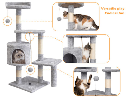 Cat Tree, 112cm Cat Scratching Post for Indoor Cats, Multi-Level Stable Cats Tower with Sisal Scratching Posts, Plush Toy Balls, Cave, Sisal Rope for Kitten Climbing, Playing, Relaxing, Grey