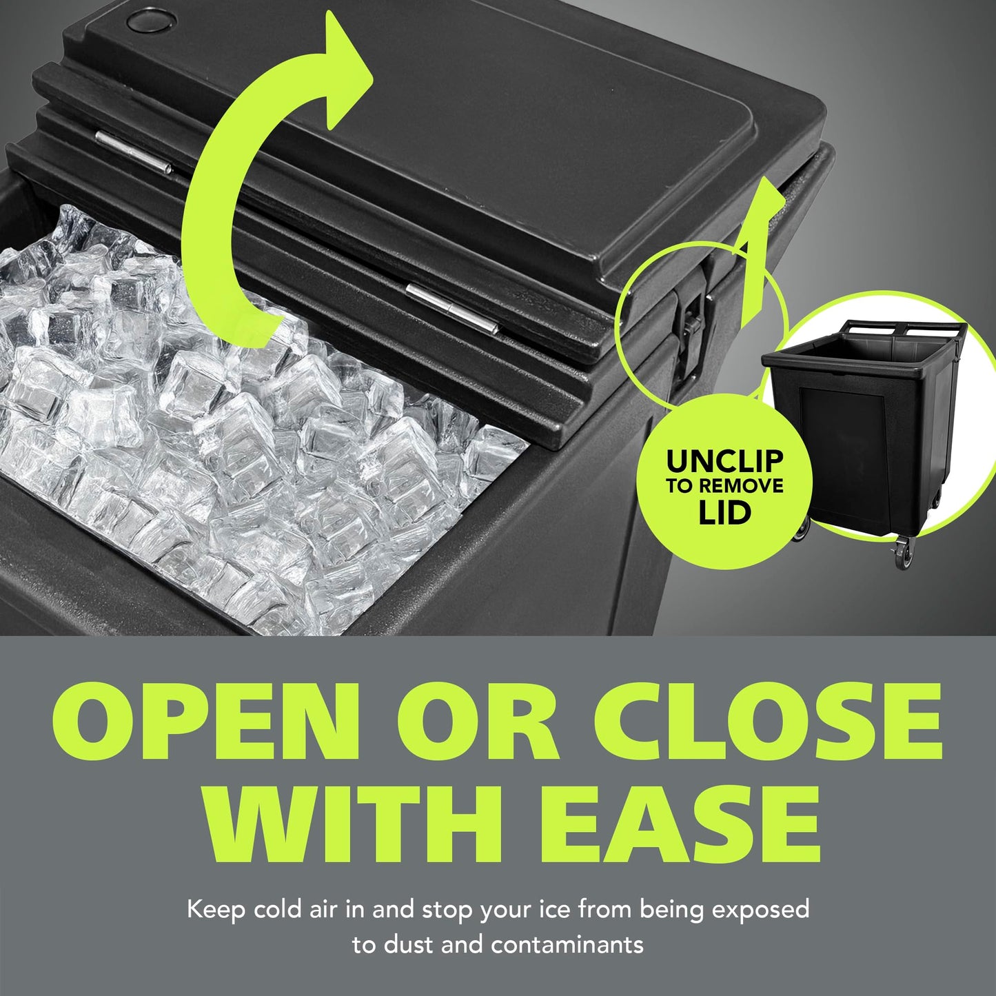Pearington Tall Ice Caddy, 125 lb Insulated Ice Carrier with Swivel Casters, Commercial Ice Bin with Drain Faucet, Ice Scoop Included, Black