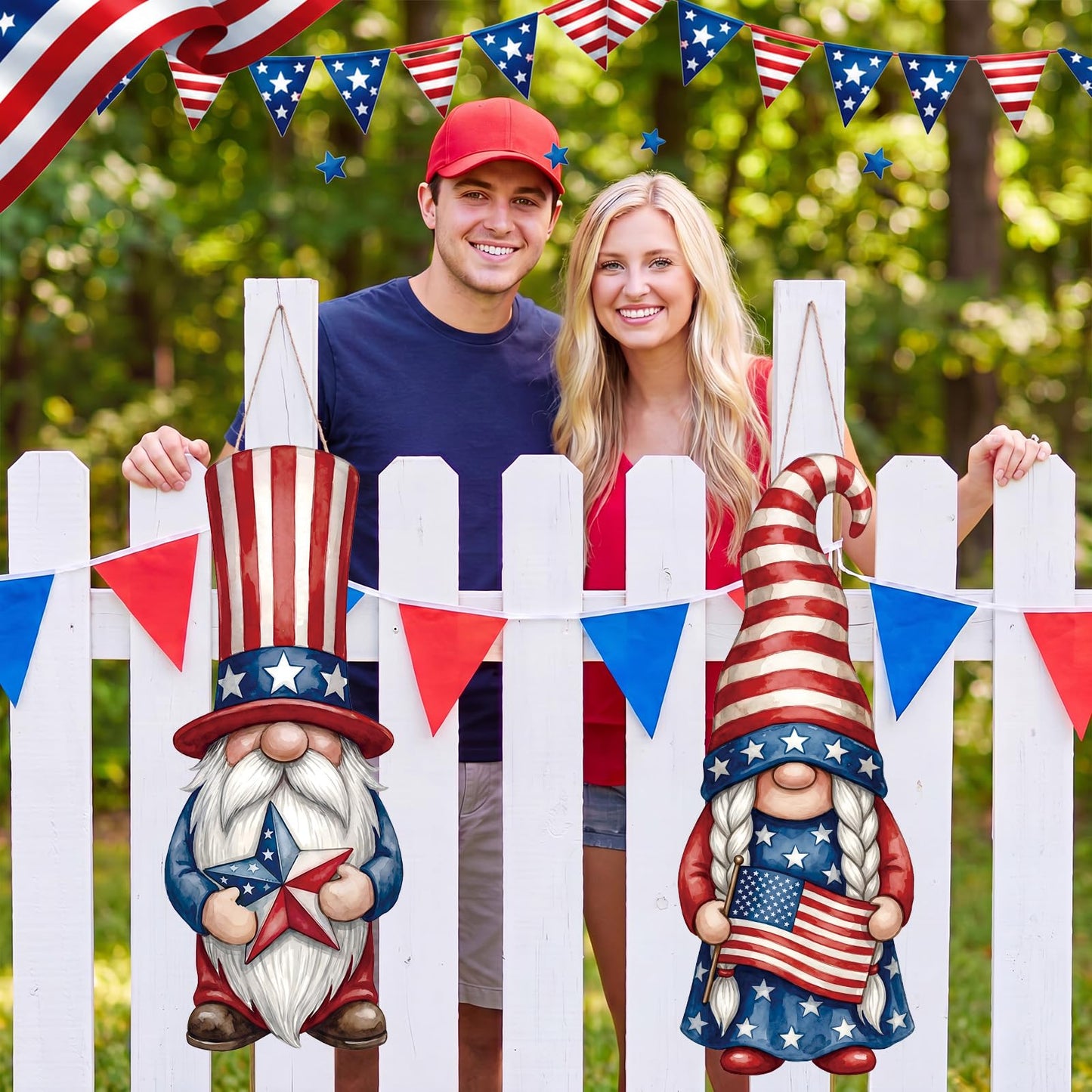 Thyle 2 Pcs Large Patriotic Gnomes Hanging Sign 32.3 x 12.2 Inch 4th of July Wooden Front Door Decorations Gnomes Wood Porch Sign for Independence Day 250th Anniversary Door Hanger