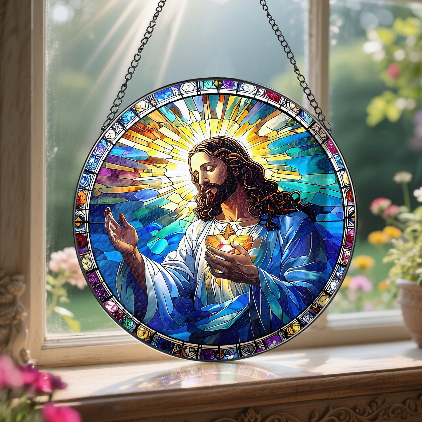 LAOWEIKI 8'' Jesus Christ Suncatcher Ornament, Stained Glass Window Hanging, Christian Home Decor, Religious Decor, Gifts for Christian, Gifts for Christmas, Religious Gift