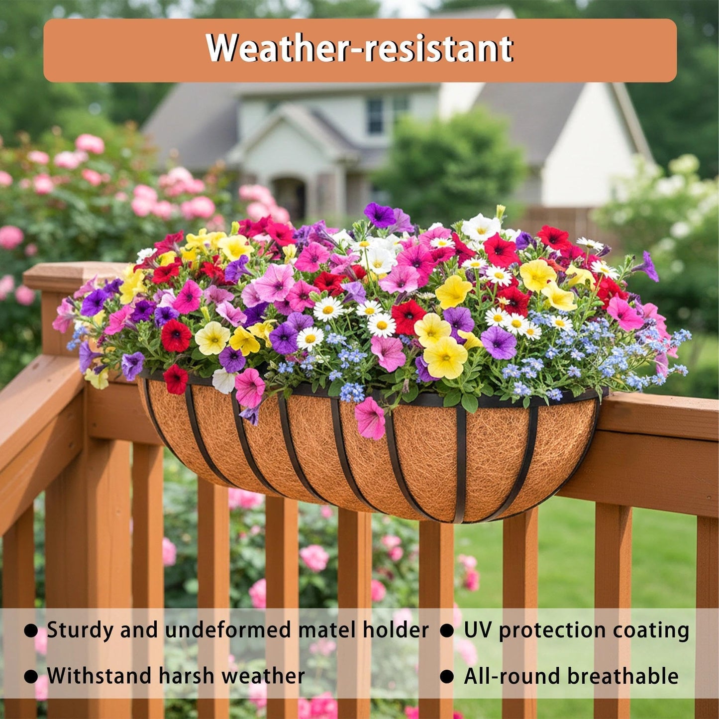 Qusuxi 16'' Window Box Railing Planter with Coco Liner,2 Pack Horse Trough Planters Black Metal Hanging Flower Planters Basket for Porch Fence Patio Indoor Outdoor Lawn