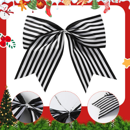 Fancheer 12 Pcs Christmas Bows Decorations Large Christmas Tree Bows Xmas Wreath Ribbons Ornaments Halloween Party Gift Decor Black White Striped for Nightmare Jack