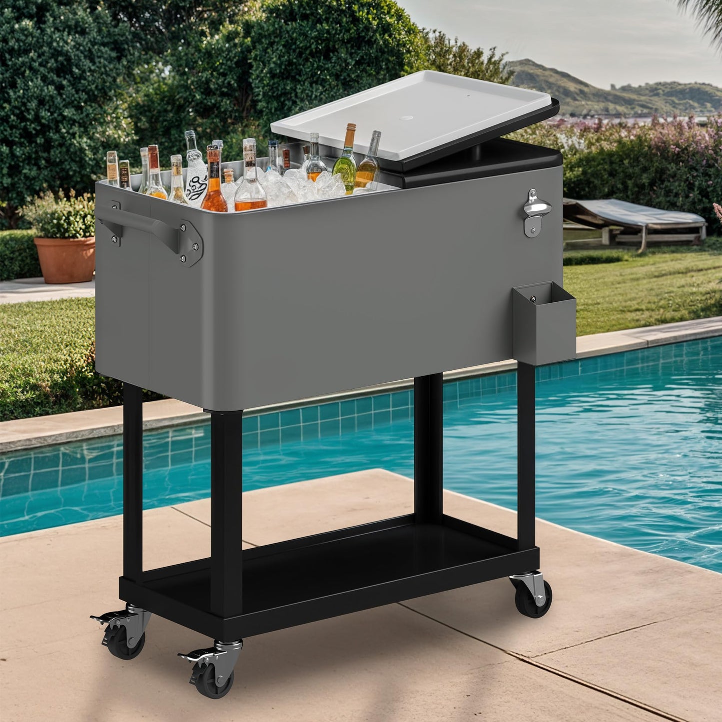 DWVO Ice Chest with Wheels,80 Quart Rolling Cooler with Bottle Opener Drainage, Patio Cooler Cart, Rolling Ice Chest with Handle for Patio Pool Deck Party BBQ Cookouts(Grey)