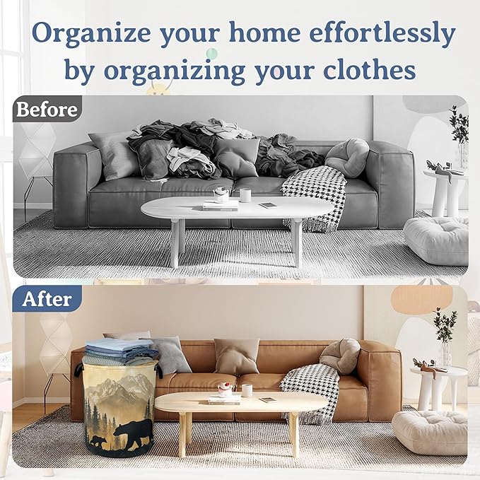 Bear Laundry Basket, Oxford Cloth Golden Mountain Forest Laundry Hamper