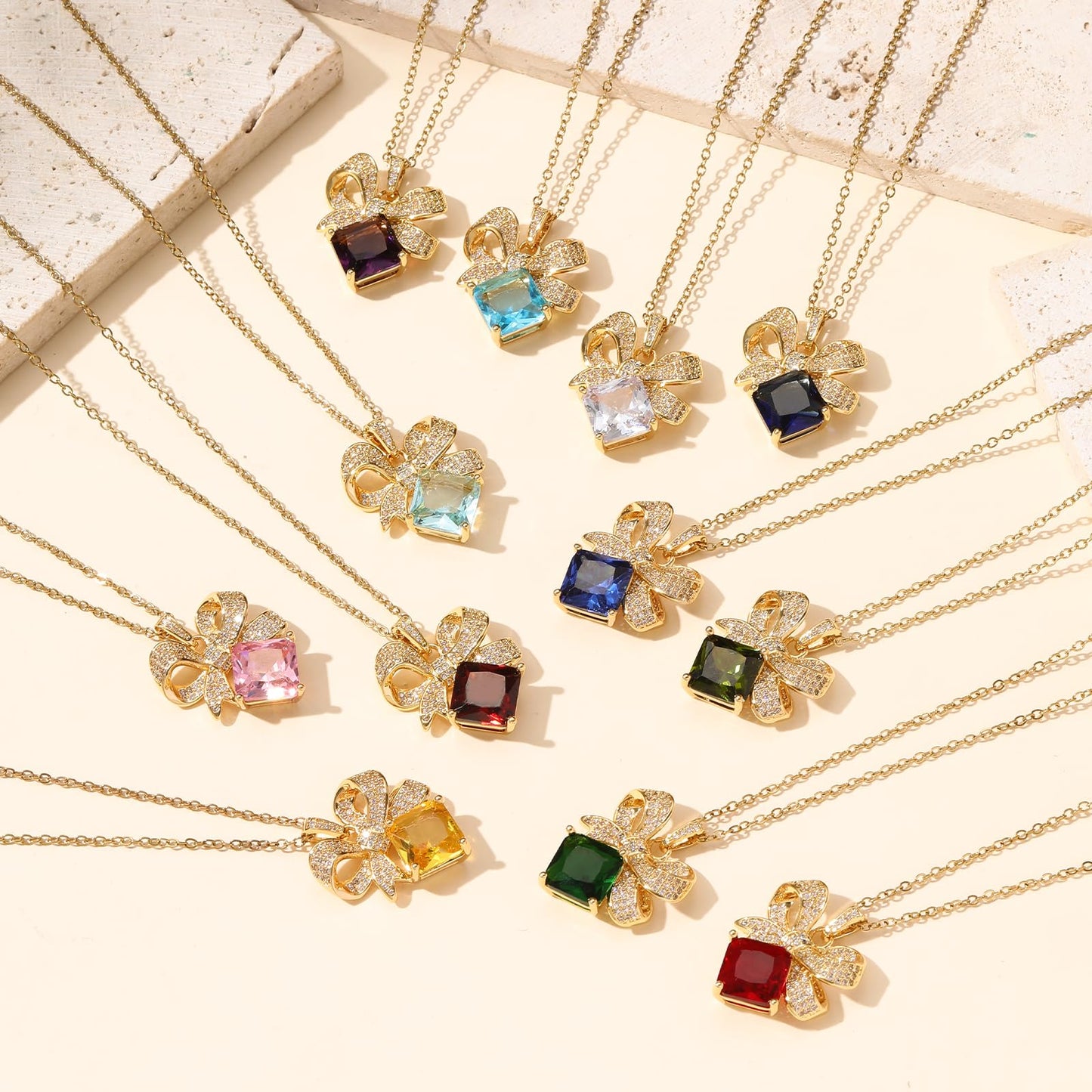 Emerald Square Bow Necklace for Women-Gold Plated May Birthstone Healing Crystal Vintage Necklace For Valentines Day Mother's Day Christmas Birthday Gifts