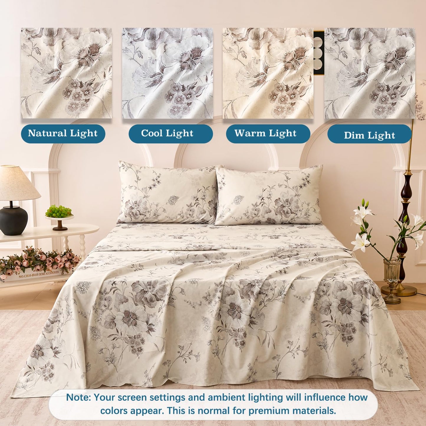 Huborise Beige King Size Sheet Set 100% Cotton Flannel-Like Warm Luxury Peony Toile Floral Bed Sheets 4Pc Deep Pocket 17.5", Double Brushed Extra Soft Breathable, Fall/Winter French Country Bedding