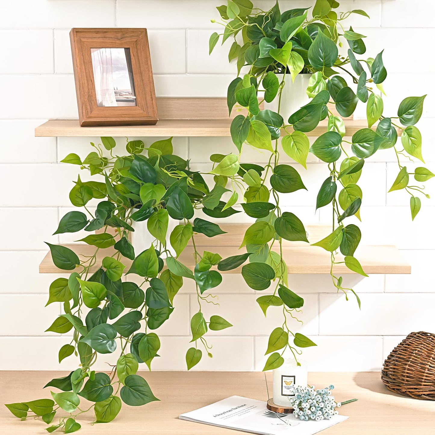 Waipfaru Artificial Plants Indoor, 2Pcs 34" Realistic Fake Pothos Hanging Plants Silk Vines Ivy Potted, Fake Pothos for Living Room Office Bedroom Bathroom Kitchen Shelves Indoor Home Decor