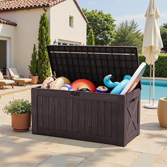 Greesum Outdoor Storage Box 120 Gallon Storage Bin with Lid for Patio Furniture, Garden Tools, Pool Supplies, Lockable, Waterproof and UV Resistant, Dark Brown