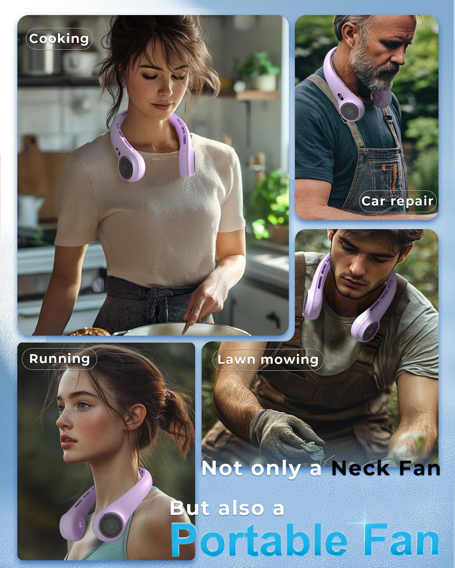 TUNISE Neck Fan, Portable Neck Fan with LED Display, 360° Cooling, 3-Speed Adjustment & Whisper-Quiet Operation, Twistable, Rechargeable, Gift for Women Men,Travel Essential,Light Purple