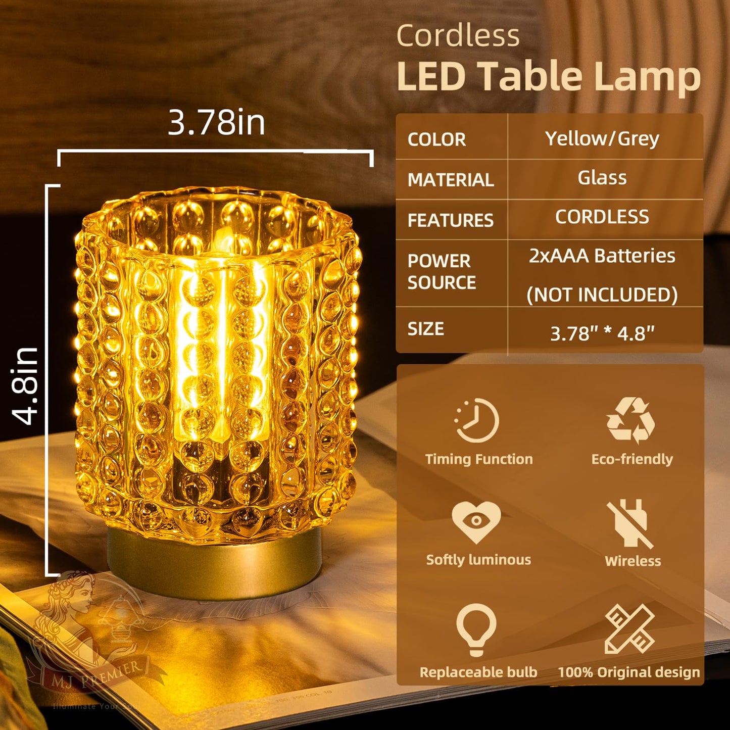 Battery Operated Lamp with Timer, Mini Crystal Table Lamps for Home Decor, Small Cordless Lamp for Areas No Outlets, Glass Battery Powered Lamps for Entryway, Bedroom, Bathroom, Shelf, Corner(Yellow)