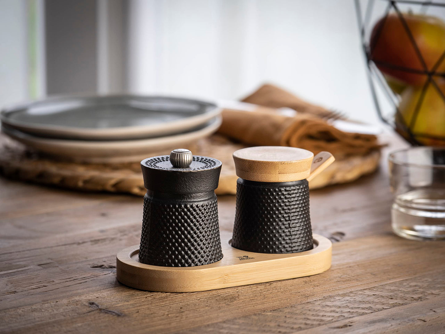 Peugeot Bali Black Cast-Iron Pepper Mill and Salt Cellar.