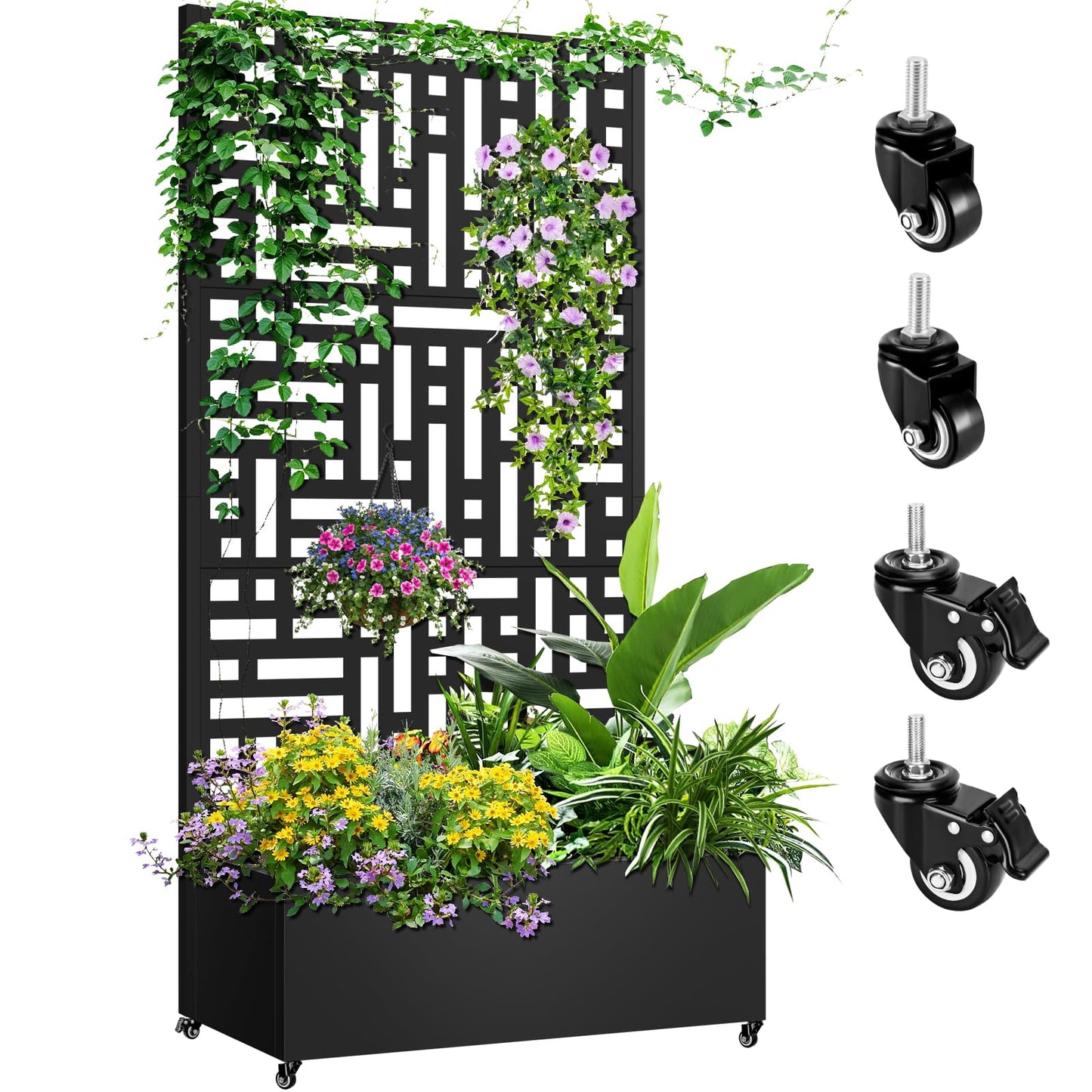 Meyoppm 72"x35"x16" Metal Planter Box with Trellis, Galvanized Steel Raised Garden Bed with Lockable Casters & Drainage Holes, Outdoor Large Planter Box for Climbing Plants, Vegetables & Flowers