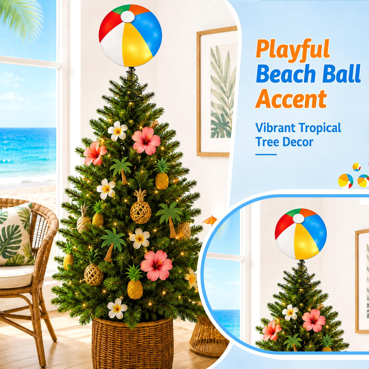 APUDWN 10 x 6.5 Inch Wood Beach Ball Tree Topper with LED Lights, Christmas in July Summer Tree Decorations for Tropical Pool Party Hawaiian Theme Battery Powered Beach Ball Holiday Decor