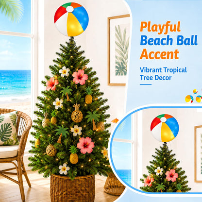 APUDWN 10 x 6.5 Inch Wood Beach Ball Tree Topper with LED Lights, Christmas in July Summer Tree Decorations for Tropical Pool Party Hawaiian Theme Battery Powered Beach Ball Holiday Decor