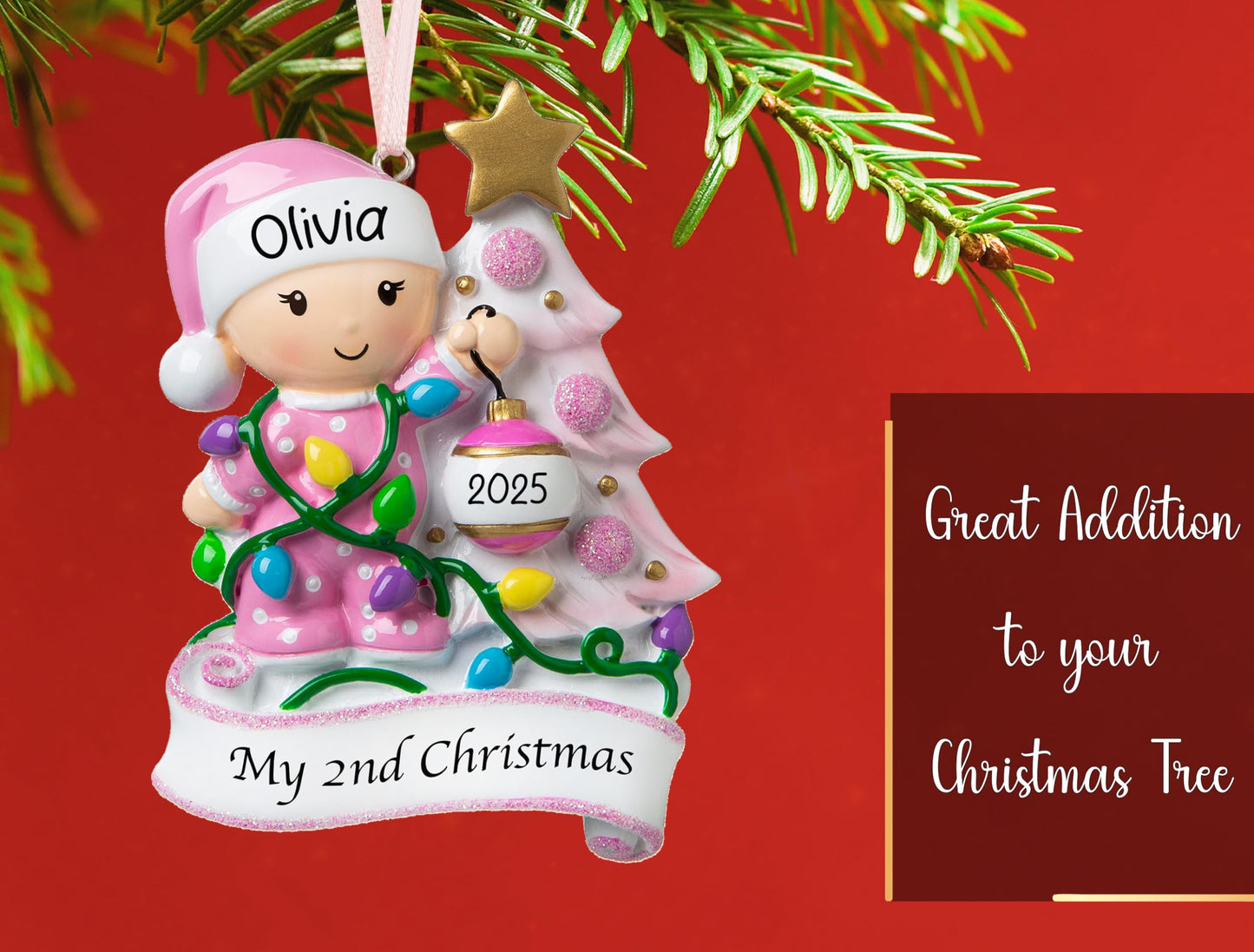 UniqXmas Personalized Baby's Second Christmas Ornament 2025 | Baby Girl Xmas Tree Decoration Pink – My 2nd Christmas Keepsake Gift for Daughter Grandbaby | Custom Name & Year