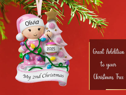 UniqXmas Personalized Baby's Second Christmas Ornament 2025 | Baby Girl Xmas Tree Decoration Pink – My 2nd Christmas Keepsake Gift for Daughter Grandbaby | Custom Name & Year