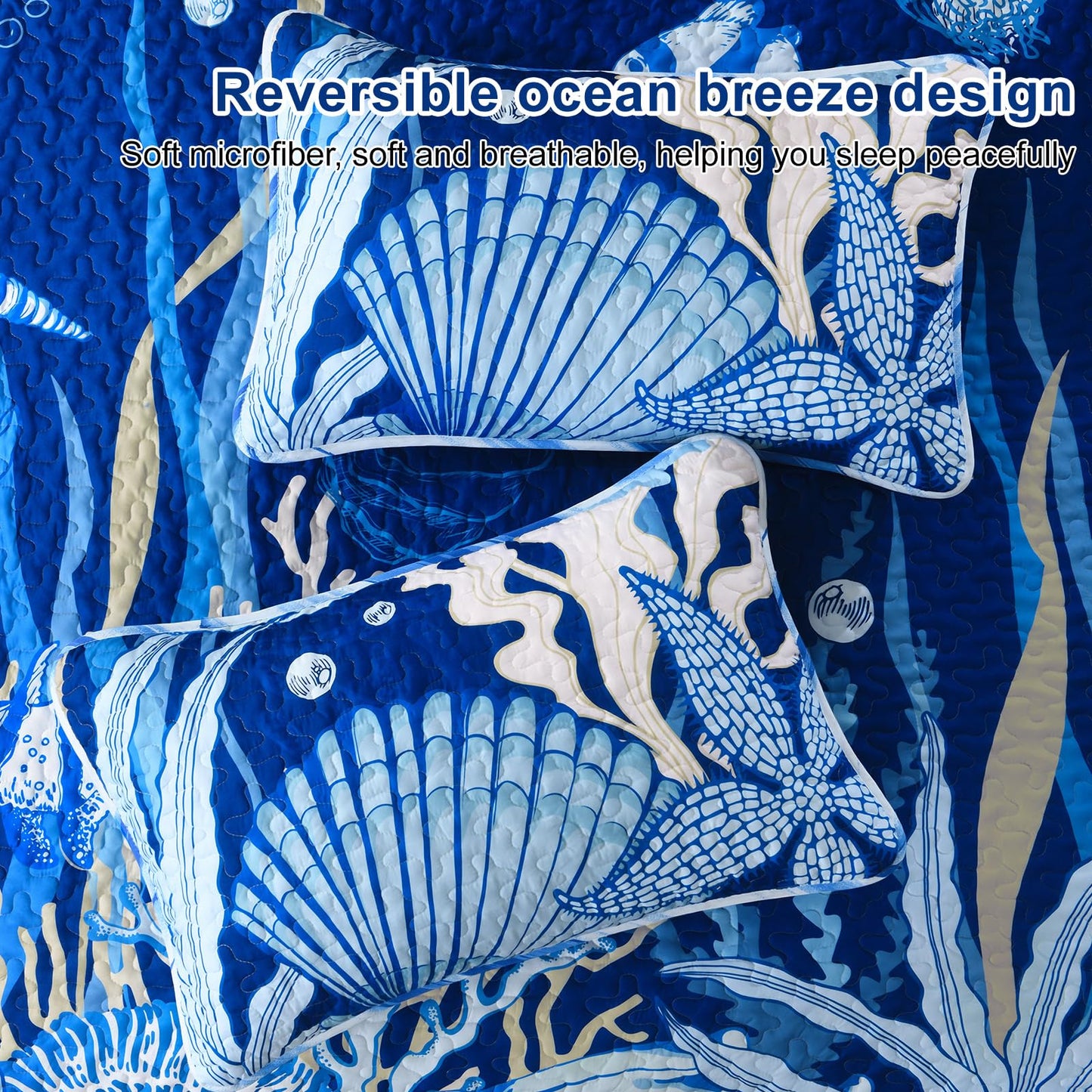 DJY Coastal Quilt Set Queen Size 3 Piece, Beach Theme Pattern Quilted Blanket Thin Reversible Microfiber Bedding Lightweight Soft Bedspread Coverlet Sets for All Season (1 Quilt, 2 Pillow Shams)