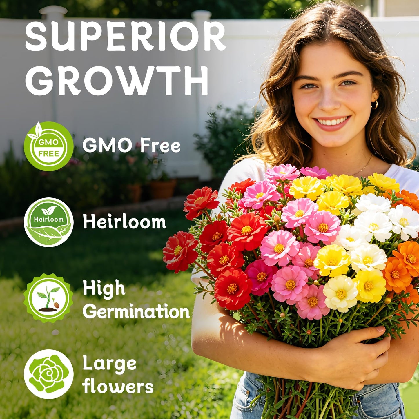 Moss Rose Seeds, 10,000+ Bulk Flower Seeds for Planting Outdoors(99% Pure Live, Non-GMO), Mixed Colors and Large Blooms, Attracts Pollinators, Easy to Grow