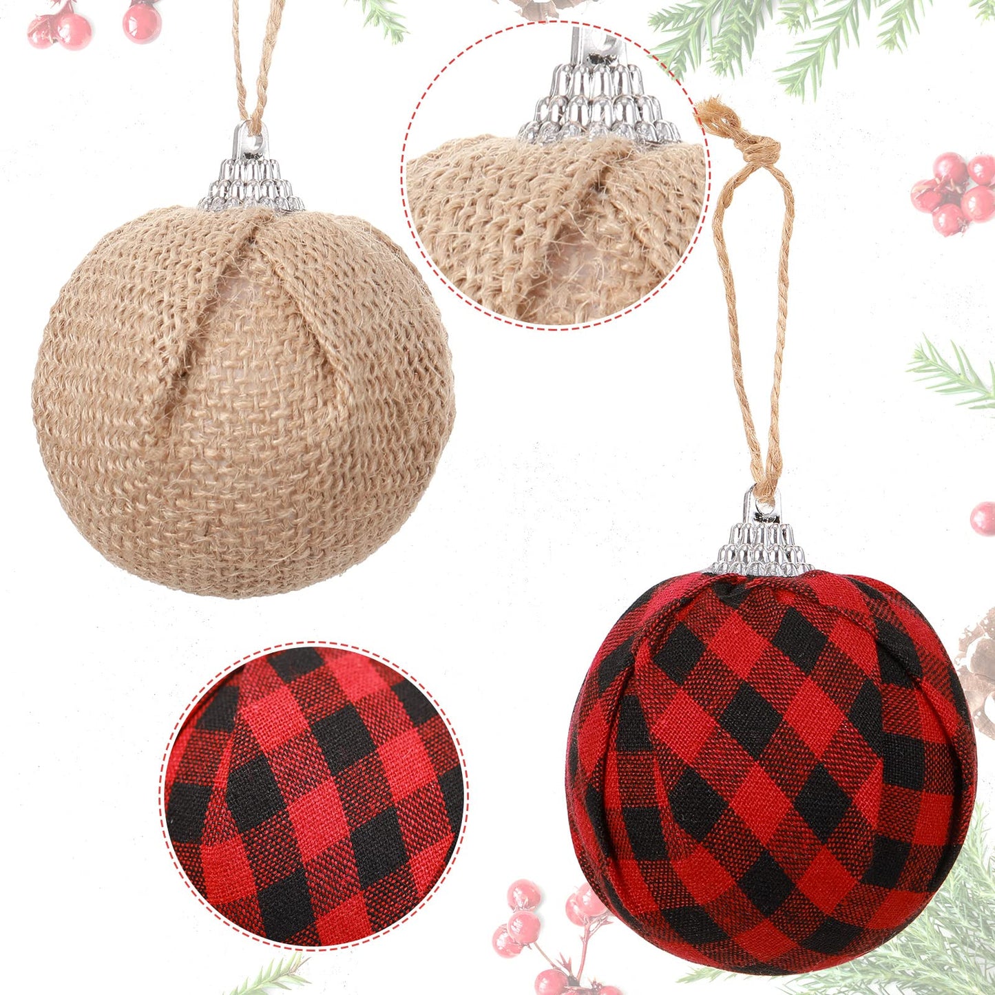 Sratte 20 Pcs Rustic Christmas Tree Ornaments Set 2.5" Hanging Burlap Plaid Ball 3.1"-6" Red/White Black Buffalo Check Ball for Farmhouse Christmas Ornaments Country Xmas Decorations(Red,Black)