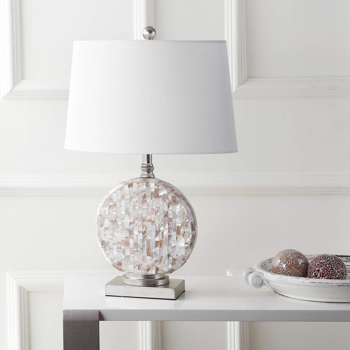 JONATHAN Y 24" Dennis Cream Mother-of-Pearl Seashell Table Lamp, Coastal Traditional Bedside Lamp for Living Room Bedroom, White Linen Drum Shade, LED Bulb Included JYL1050A