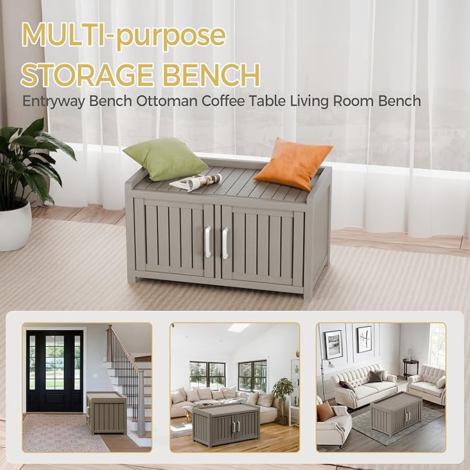 Storage Bench - 2 Doors Waterproof Resin Shoe Bench with Adjustable Shelves - Indoor & Outdoor Use, Entryway Bench with Seating for Bedroom, Living Room, Hallway - Grey