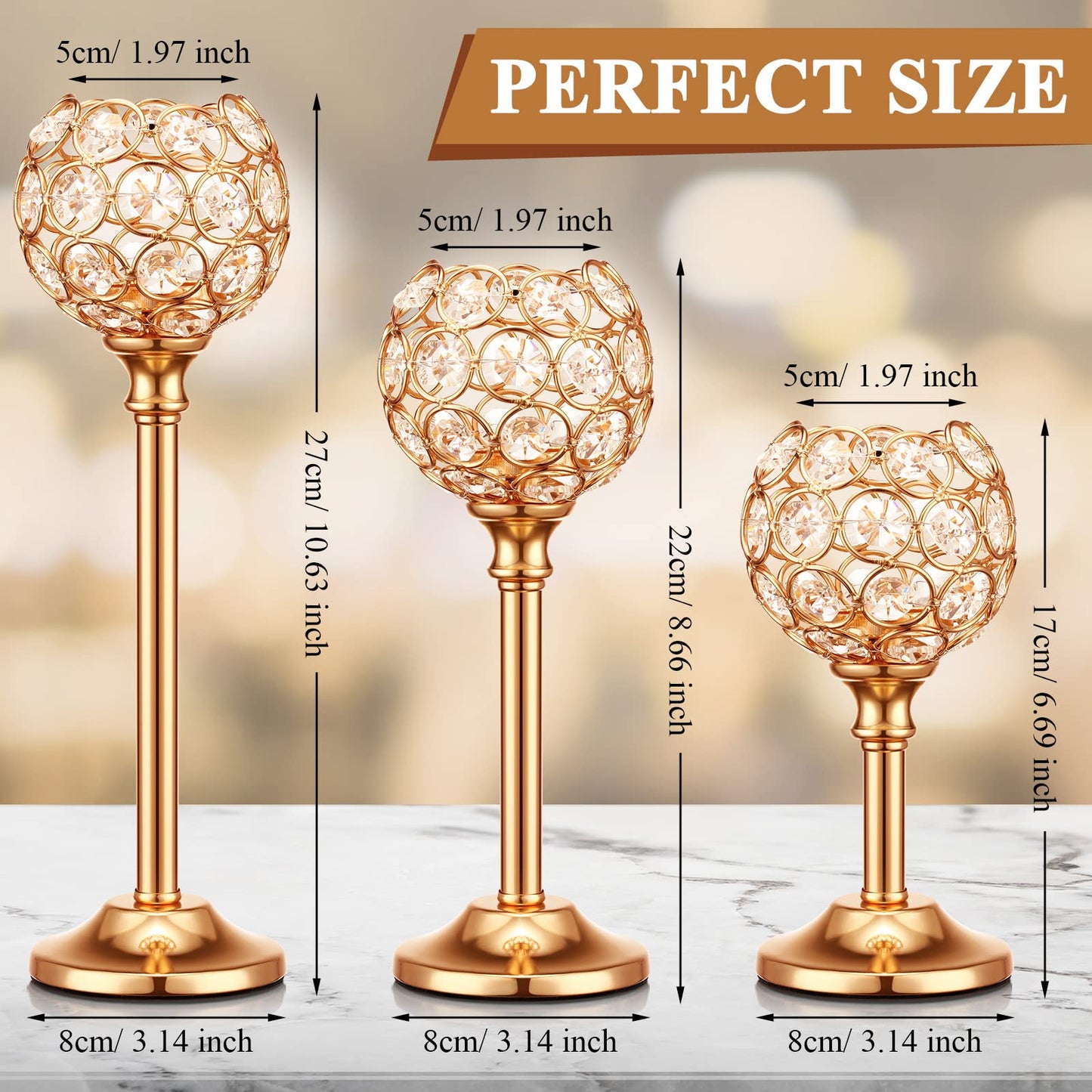 Mimorou 12 Pack Crystal Candle Holders Gold or Silver Candle Holders Bulk Tealight Candlestick Crystal Candelabras for Wedding Party Valentine Christmas Dining Table Centerpieces Decoration (Gold)