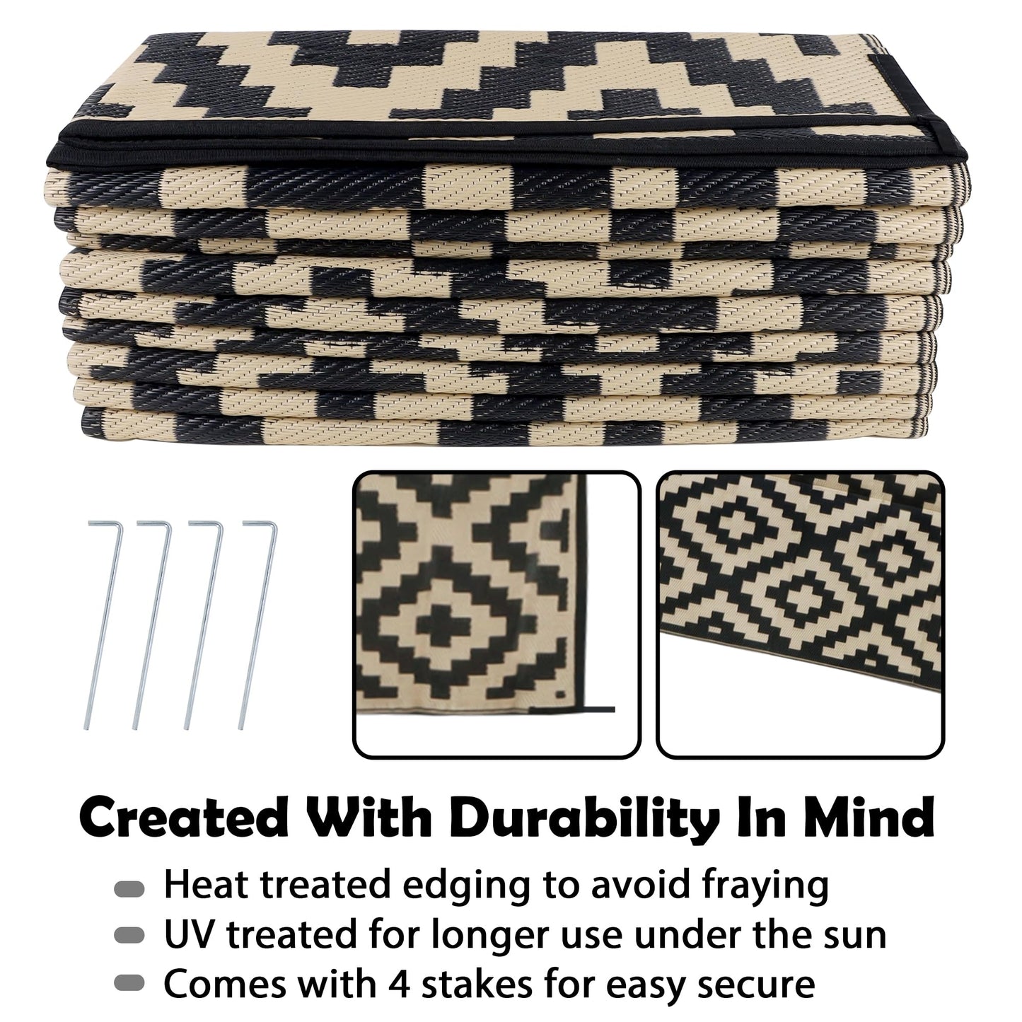 SAND MINE Waterproof Outdoor Rug 10x20 ft, Plastic Reversible Rug, Modern Area Rug, Large Floor Mat for Outdoors, RV, Patio, Backyard, Deck, Picnic, Beach, Camping, Black & Beige
