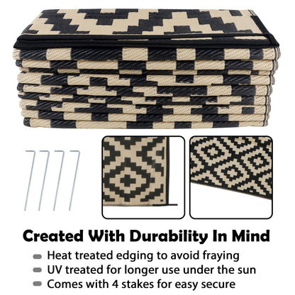 SAND MINE Waterproof Outdoor Rug 10x20 ft, Plastic Reversible Rug, Modern Area Rug, Large Floor Mat for Outdoors, RV, Patio, Backyard, Deck, Picnic, Beach, Camping, Black & Beige
