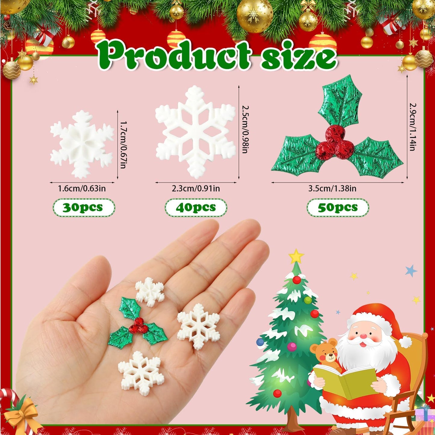 JUNEBRUSHS 120Pcs Miniature Resin Christmas Decorations, Mini Resin Snowflake Holly Leave Berries, Christmas Embellishment for Xmas DIY Craft Wreath Tree Home Table Decor Floating Vase Filler