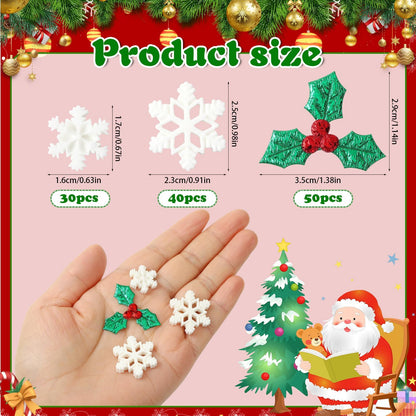 JUNEBRUSHS 120Pcs Miniature Resin Christmas Decorations, Mini Resin Snowflake Holly Leave Berries, Christmas Embellishment for Xmas DIY Craft Wreath Tree Home Table Decor Floating Vase Filler