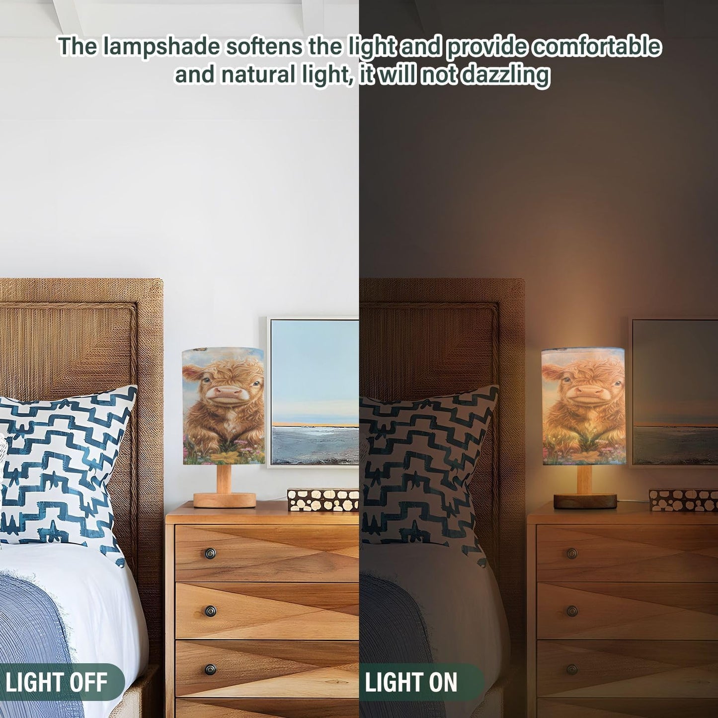 Highland Cow Flowers Table Lamp Bedroom Bedside Night Reading Desk Lamps Cylinder Nightstand Sleeping Light Lamp for Kids Living Room Office Decor