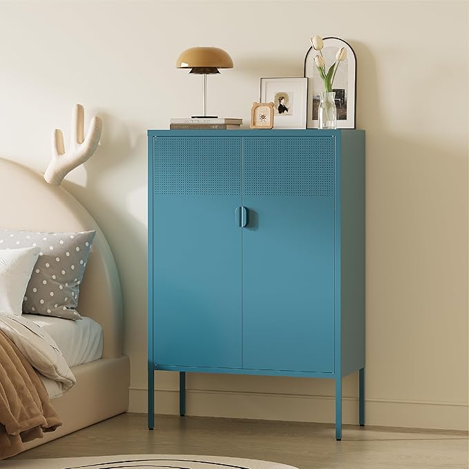 Metal Storage Cabinet, 2 Door TV Stand, Metal Mesh Accent Cabinet, Magnetic