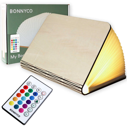 BONNYCO Led Book Light Wooden Folding Lamp with Remote Control, 16 Colours & Timer Table Book Lamp Night Light Perfect for Home, Office & Room Decor | Christmas & Birthday Gifts for Men and Women