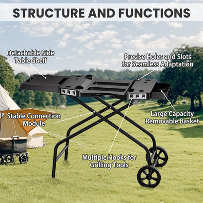 GRISUN Foldable Grill Table Stand for Ninja Woodfire Outdoor Grill（OG700/701/751), Portable Camping Table for Blackstone 22", Portable BBQ Stand with 2 Wheels, Side Table & Storage Basket