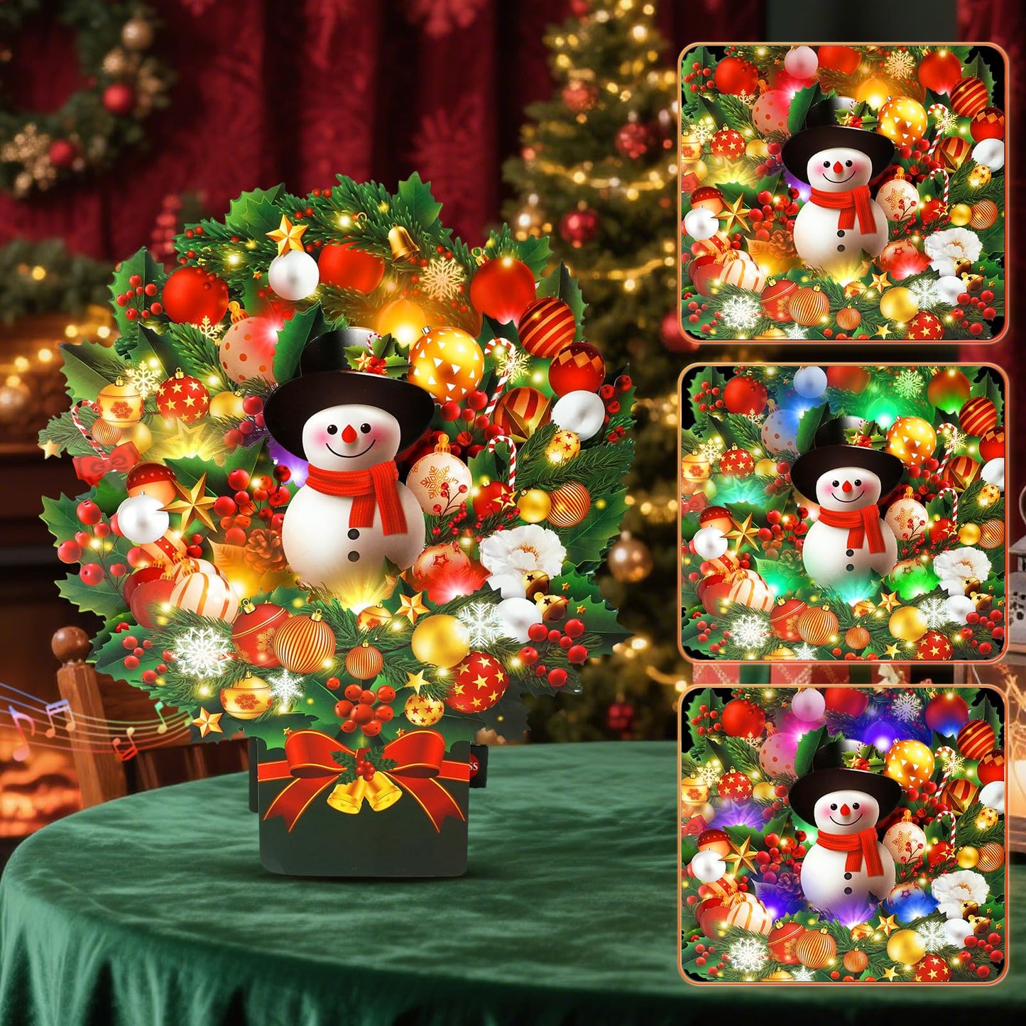 APOTODITO Christmas Cards with Lights and Music, Christmas Bouquet with Snowman, Popup Musical Greeting Card for Holiday New Year