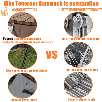 TegerDeger 12FT 2 Person Hammock with Stand Included 55 x 79IN Large Hammock 450LB Capacity with Hardwood Spreader Bar & Nylon Rope for Outside, Patio, Garden, Backyard, Beach, Poolside - Beige