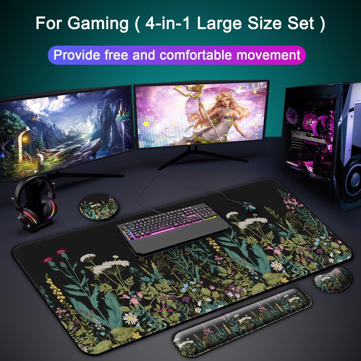 Keyboard Wrist Rest + Mouse Pad with Wrist Support + Desk Mat + Coaster 4 in 1 Set, XXL Large Gaming Mousepad Cute Ergonomic Mouse Pads for Desk Computer Laptop Office Decor-Little Flowers