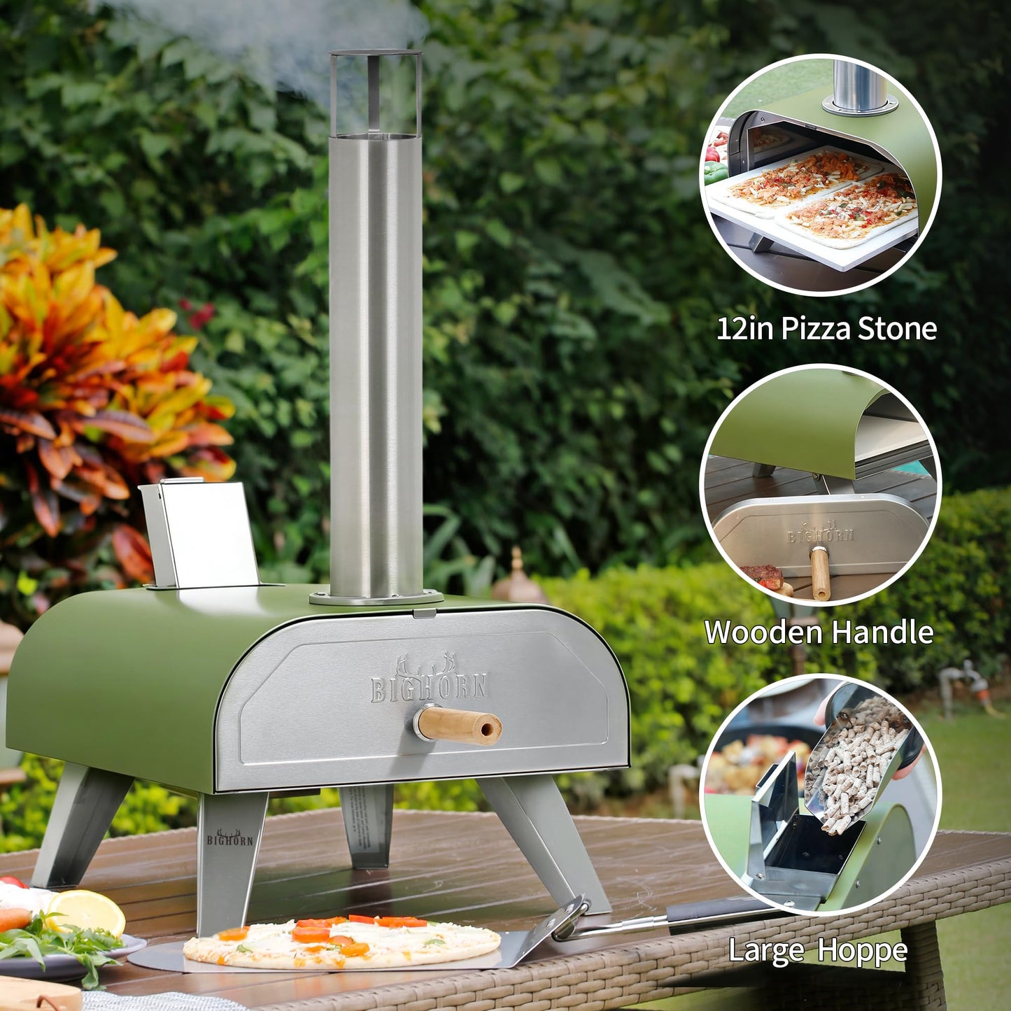BIG HORN 12" Multi-Fuel Outdoor Pizza Oven Reach up to 1110℉– 3-in-1 Wood,Gas&Electric Compatible (Burners Sold Separately),Pellet Pizza Oven Portable Pizza Maker for Backyard,Camping&Tailgating,Green