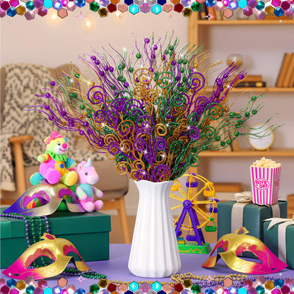 Daifunli 36 Pcs Mardi Gras Decorations Mardi Gras Picks Purple Gold Ornaments 17'' 12'' Artificial Glitter Berry Picks and Sprays Branches for Carnival Party Wreath Vase